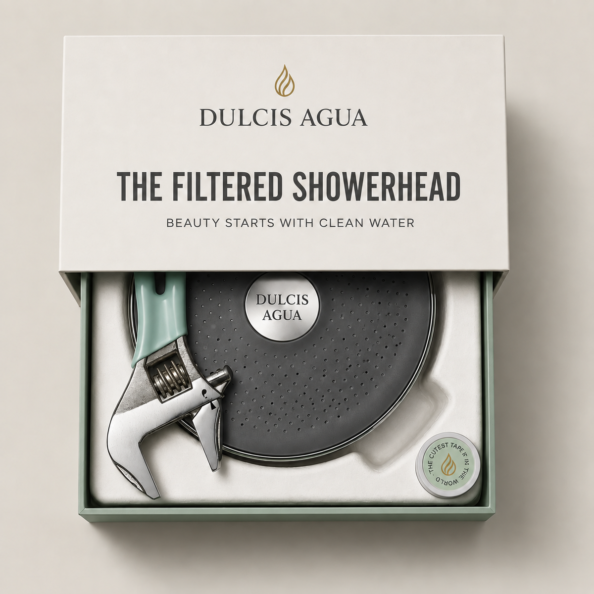 Dulcis Agua filtered showerhead gift set in an open presentation box, featuring a dark gray perforated round head, a silver and mint-green wrench, and a small round accessory on a light beige background.