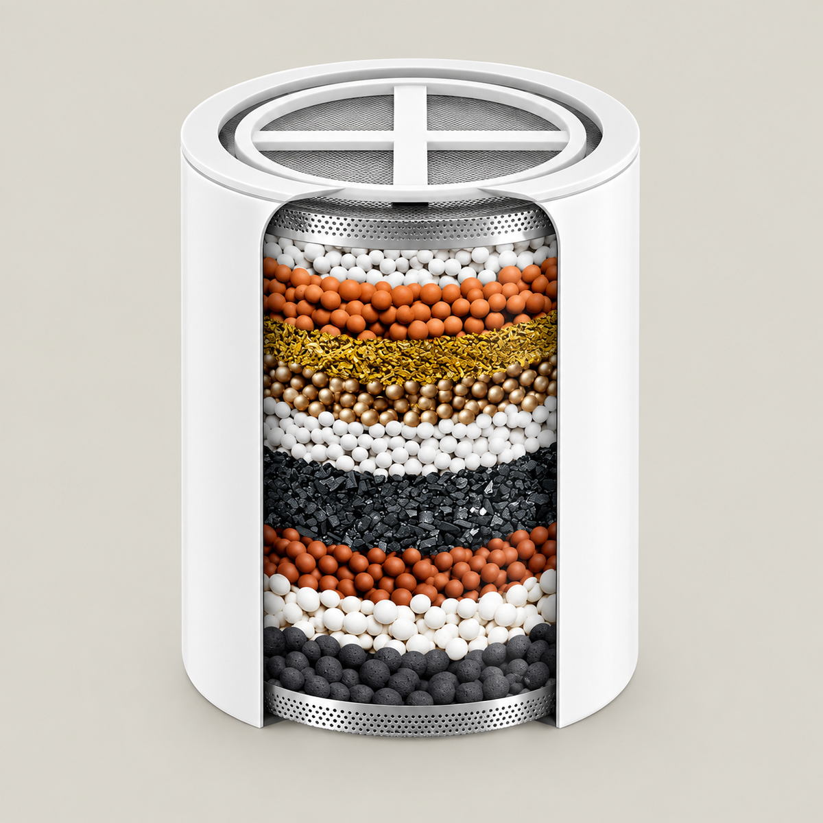 Multi-stage shower filter cartridge cross-section showing layered filtration media